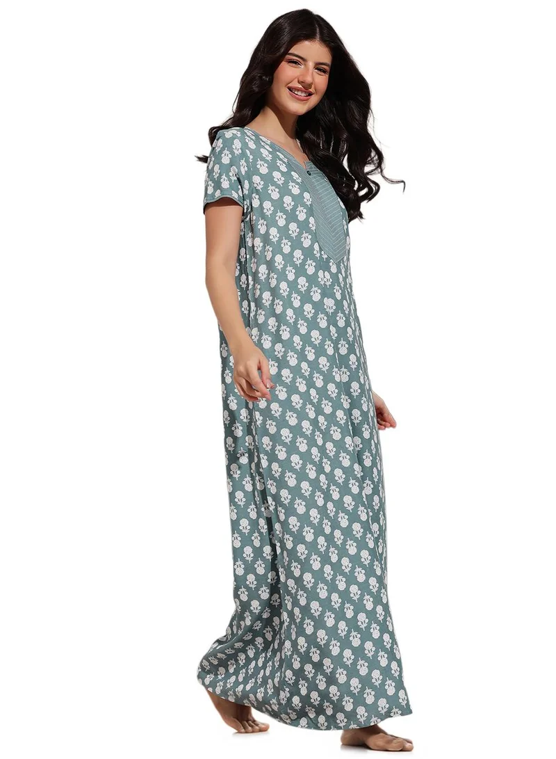 Clovia Grey Floral Print Long Nighty in Light Grey - Rayon for Women | Best Price UAE
